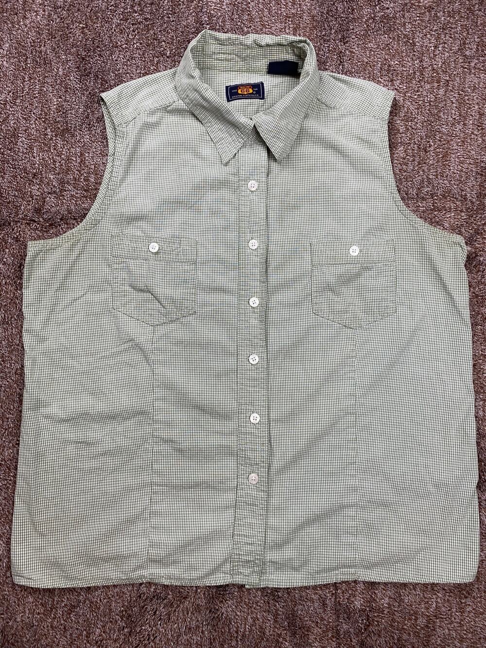 Route 66 Womens Large Sleeveless Button Down Top Green White Plaid 100% Cotton